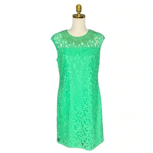 ADRIANNA PAPELL |SLEEVELESS LACE DRESS WITH BEADED NECK IN BOTANIC GREEN SIZE 10 - Picture 1 of 10